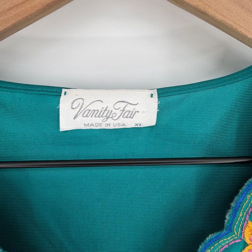 Vtg Vanity Fair XL Teal Floral Peignoir Set Made USA Antron Nylon Robe Gown EUC - Picture 11 of 13